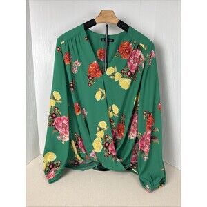 INC International Concepts Green Floral VNeck Faux Wrap Blouse Top Long Sleeve L